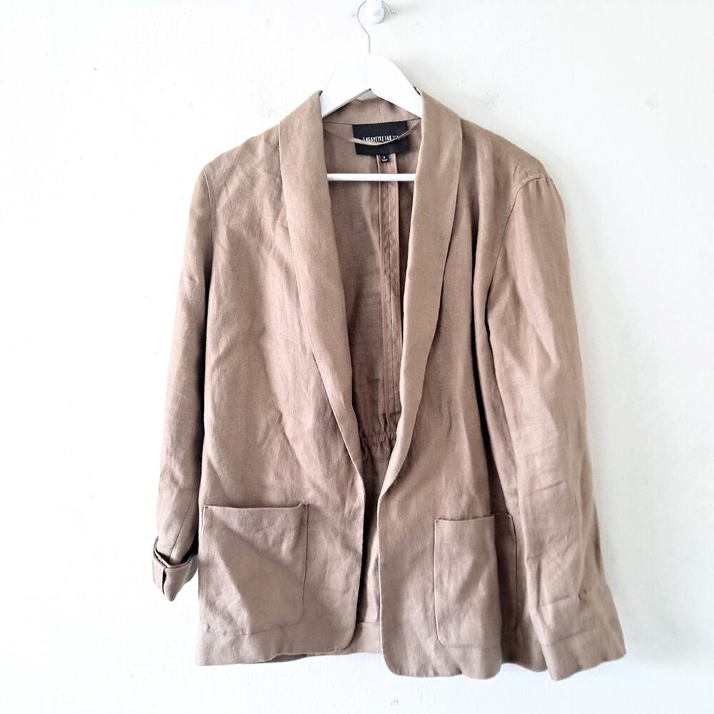 Lafayette 148 NY Greenish Tan 100% Linen Collared Long Sleeve Open Jacket - S